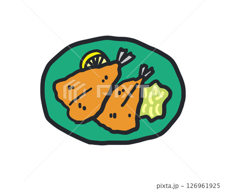 アジフライのラフな線あり手描きイラスト。レモンとキャベツ 126961925