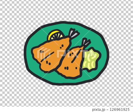 Roughly drawn illustration of fried horse mackerel with lemon and cabbage 126961925