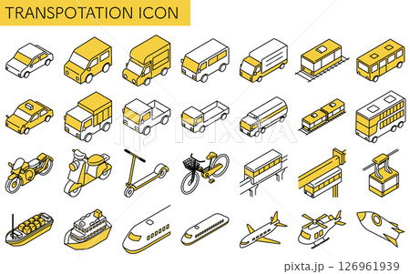 乗物アイコンセット、自転車やバイク・車や公共交通機関などのシンプルでかわいいアイソメトリックの線画ア 乗物アイコンセット、自転車やバイク・車や公共交通機関などのシンプルでかわいいアイソメトリックの線画ア 126961939