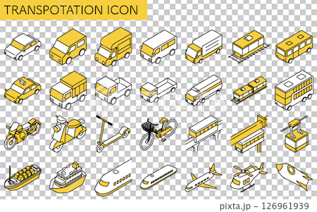 車輛圖示集，自行車、摩托車、汽車、公共交通等的簡單可愛的等距線條藝術。 126961939