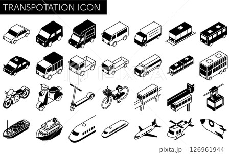 乗物アイコンセット、車や公共交通機関のシンプルでかわいいアイソメトリックの白黒線画アイコンのセット 126961944