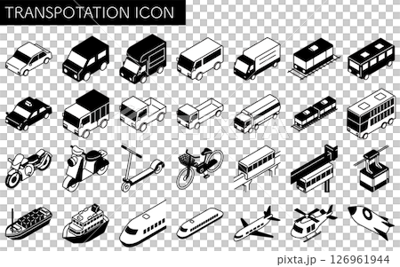 乗物アイコンセット、車や公共交通機関のシンプルでかわいいアイソメトリックの白黒線画アイコンのセット 126961944