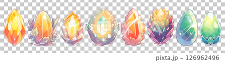 Set of 8 fantasy crystal eggs in watercolor illustration style, isolated on a transparent background. Yellow and green color tones. Set of 8 fantasy crystal eggs in watercolor illustration style, isolated on a transparent background. Yellow and green color tones. 126962496