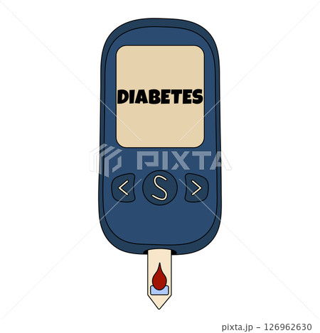 Blood glucose meter, or closeup glucometer, with diabetes text and blood droplet on test strip. Concept of diabetes mellitus, diabetes monitoring, and health check, or chronic illness and healthcare. Blood glucose meter, or closeup glucometer, with diabetes text and blood droplet on test strip. Concept of diabetes mellitus, diabetes monitoring, and health check, or chronic illness and healthcare. 126962630