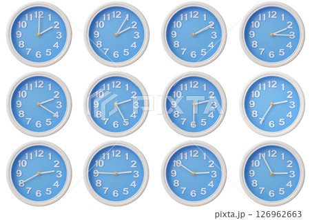 Twelve blue wall clocks with white frames showing 02:00 to 02:55 or 14:00 to 14:55 illustrating the passage of time or time zone variation 126962663