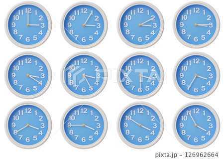 Twelve blue wall clocks with white frames showing 03:00 to 03:55 or 15:00 to 15:55 illustrating the passage of time or time zone variation 126962664