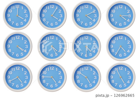 Twelve blue wall clocks with white frames showing 04:00 to 04:55 or 16:00 to 16:55 illustrating the passage of time or time zone variation Twelve blue wall clocks with white frames showing 04:00 to 04:55 or 16:00 to 16:55 illustrating the passage of time or time zone variation 126962665