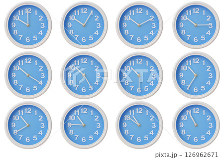 Twelve blue wall clocks with white frames showing 10:00 to 10:55 or 22:00 to 22:55 illustrating the passage of time or time zone variation Twelve blue wall clocks with white frames showing 10:00 to 10:55 or 22:00 to 22:55 illustrating the passage of time or time zone variation 126962671