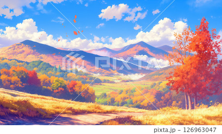 紅葉した秋の渓谷の風景、アニメ風 126963047