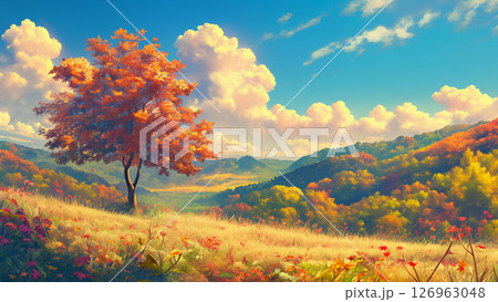 美しい紅葉の尾渓谷の風景、アニメ風 126963048
