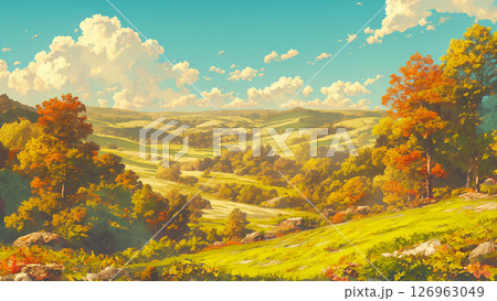 秋の紅葉と渓谷の風景、アニメ風 126963049