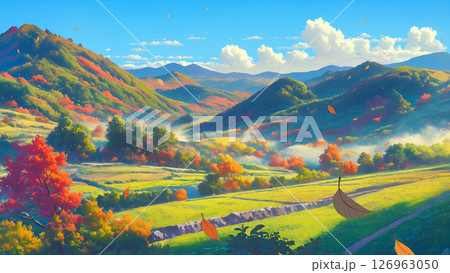 秋の渓谷の風景、アニメ風 126963050