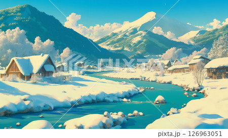 冬の渓谷の風景、アニメ風 126963051