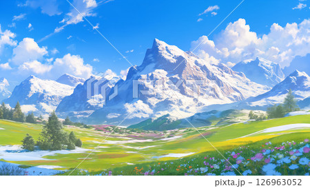 春の雪解けの渓谷の風景、アニメ風 126963052