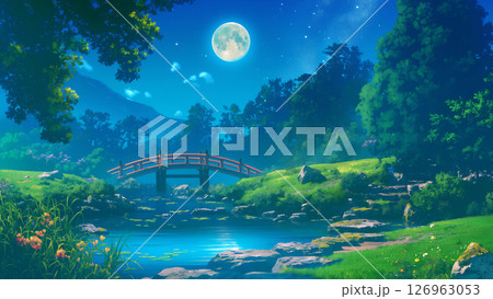 満月の夜の渓谷の風景、アニメ風 126963053