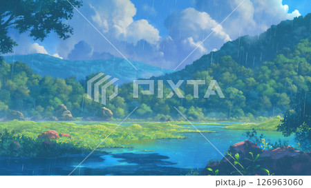 美しい森の渓谷の風景、アニメ風 126963060