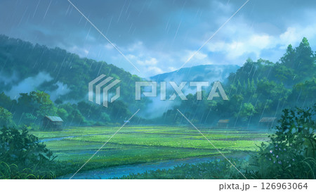 雨が降る渓谷の田園地帯の風景、アニメ風 126963064