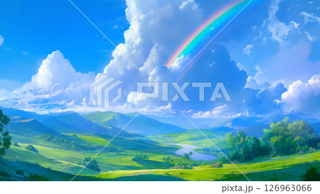 虹がかかった渓谷の風景、アニメ風 虹がかかった渓谷の風景、アニメ風 126963066