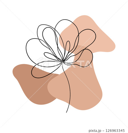 Minimal Line Flower with Beige Shape. Minimalist black line flower overlapping soft beige organic shape creating a subtle and modern floral design. Minimal Line Flower with Beige Shape. Minimalist black line flower overlapping soft beige organic shape creating a subtle and modern floral design. 126963345