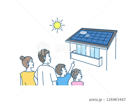 太陽光発電、ソーラーパネルを家に取り付ける家族のイラスト 126963487