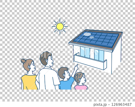 太陽光発電、ソーラーパネルを家に取り付ける家族のイラスト 126963487