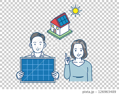 一對中年夫婦在家中安裝太陽能板的插圖 一對中年夫婦在家中安裝太陽能板的插圖 126963489