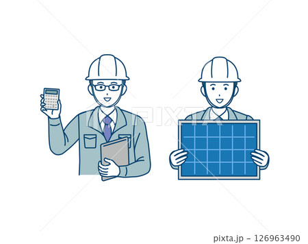 太陽光発電、ソーラーパネルについて見積と説明をする電気工事士のイラスト 126963490