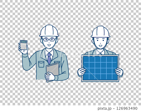 Illustration of an electrician giving an estimate and explaining about solar power generation and solar panels 126963490