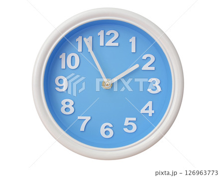 Wall clock with a blue face and white frame showing exactly 01:55 or 13:55. Represents time, deadlines. Wall clock with a blue face and white frame showing exactly 01:55 or 13:55. Represents time, deadlines. 126963773