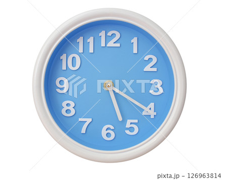 Wall clock with a blue face and white frame showing exactly 05:20 or 17:20. Represents time, deadlines. Wall clock with a blue face and white frame showing exactly 05:20 or 17:20. Represents time, deadlines. 126963814