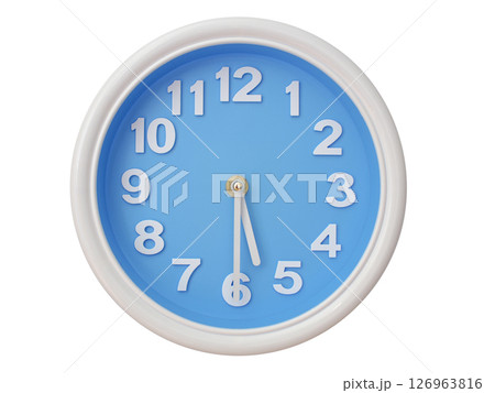 Wall clock with a blue face and white frame showing exactly 05:30 or 17:30. Represents time, deadlines. Wall clock with a blue face and white frame showing exactly 05:30 or 17:30. Represents time, deadlines. 126963816