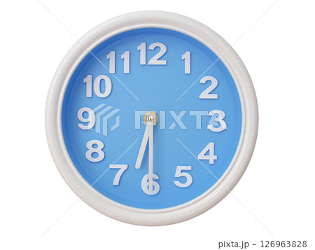 Wall clock with a blue face and white frame showing exactly 06:30 or 18:30. Represents time, deadlines. Wall clock with a blue face and white frame showing exactly 06:30 or 18:30. Represents time, deadlines. 126963828