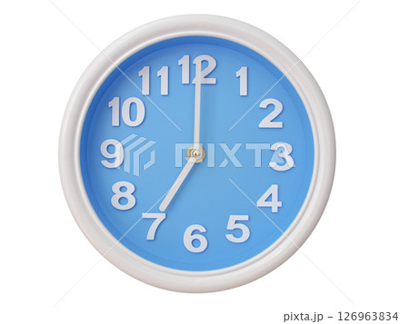 Wall clock with a blue face and white frame showing exactly 07:00 or 19:00. Represents time, deadlines. Wall clock with a blue face and white frame showing exactly 07:00 or 19:00. Represents time, deadlines. 126963834