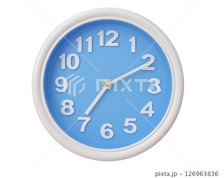 Wall clock with a blue face and white frame showing exactly 07:10 or 19:10. Represents time, deadlines. 126963836