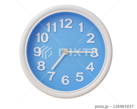 Wall clock with a blue face and white frame showing exactly 07:15 or 19:15. Represents time, deadlines. 126963837