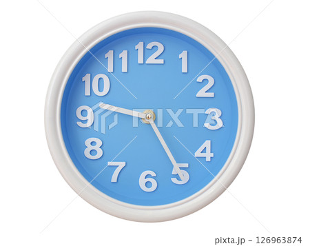 Wall clock with a blue face and white frame showing exactly 09:25 or 21:25. Represents time, deadlines. Wall clock with a blue face and white frame showing exactly 09:25 or 21:25. Represents time, deadlines. 126963874
