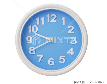 Wall clock with a blue face and white frame showing exactly 09:40 or 21:40. Represents time, deadlines. Wall clock with a blue face and white frame showing exactly 09:40 or 21:40. Represents time, deadlines. 126963877