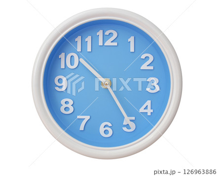 Wall clock with a blue face and white frame showing exactly 10:25 or 22:25. Represents time, deadlines. 126963886