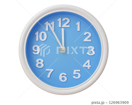 Wall clock with a blue face and white frame showing exactly 11:55 or 23:55. Represents time, deadlines. 126963909