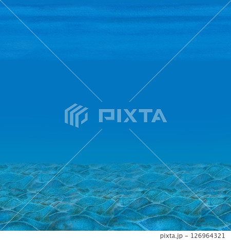 Hand-drawn underwater scene featuring textured sand dunes and a blue water gradient. Watercolor seamless border perfect for marine backgrounds, game design, animation, or ocean-themed digital content 126964321