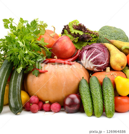 Large collection of useful vegetables and fruits isolated on white Large collection of useful vegetables and fruits isolated on white 126964886