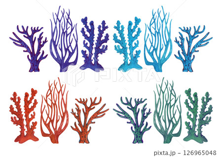 Underwater sea sponge porifera living on coral reefs. Watercolor multicolored giant fire sponge in red color isolated on white background for sea design, snorkeling, diving, book, art 126965048