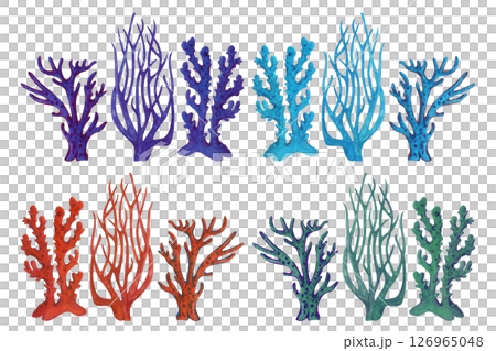 Underwater sea sponge porifera living on coral reefs. Watercolor multicolored giant fire sponge in red color isolated on white background for sea design, snorkeling, diving, book, art 126965048