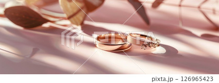 Two elegant rose gold wedding rings placed on a soft pink surface with delicate leaves in the background, minimalism, horizontal banner, copy space, free space for text Two elegant rose gold wedding rings placed on a soft pink surface with delicate leaves in the background, minimalism, horizontal banner, copy space, free space for text 126965423