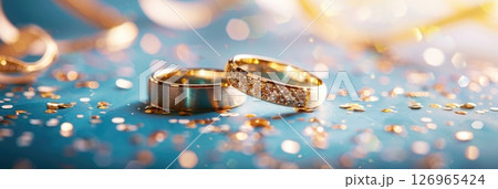 Two wedding rings on a blue background with sparkling confetti. horizontal banner, copy space, free space for text Two wedding rings on a blue background with sparkling confetti. horizontal banner, copy space, free space for text 126965424