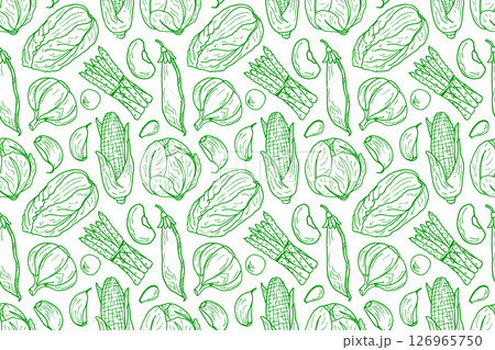 Seamless vegetable doodle pattern - corn, garlic, cabbage, peas, beans, asparagus, Culinary background for banners, kitchen textiles, health food stores, vegetarian products, farm products. 126965750