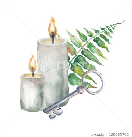 Watercolor composition with burning candles, a fern and a rusty iron key. Mystical illustration on a white background. Isolated. For Halloween or fabulous design. 126965766