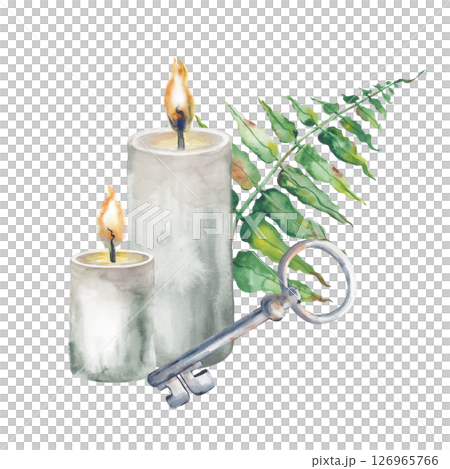 Watercolor composition with burning candles, a fern and a rusty iron key. Mystical illustration on a white background. Isolated. For Halloween or fabulous design. 126965766