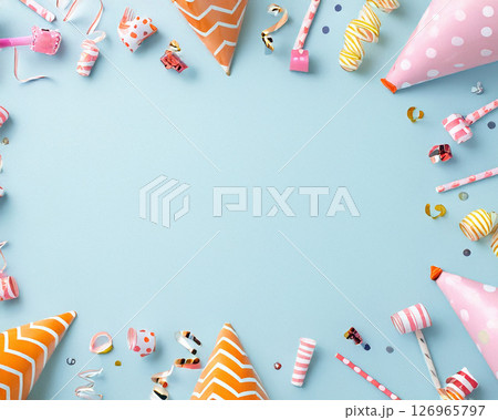 A cheerful blue background adorned with vibrant birthday party hats, streamers, and confetti, creating a festive frame. 126965797