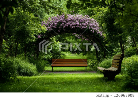 Relaxing Garden Path Leads to a Peaceful Bench Under Blooming Flowers in the Park 126965909